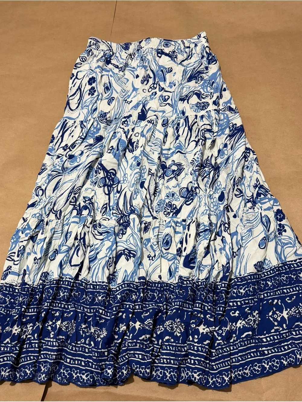 Women's Blue & White Floral Tiered Maxi Skirt